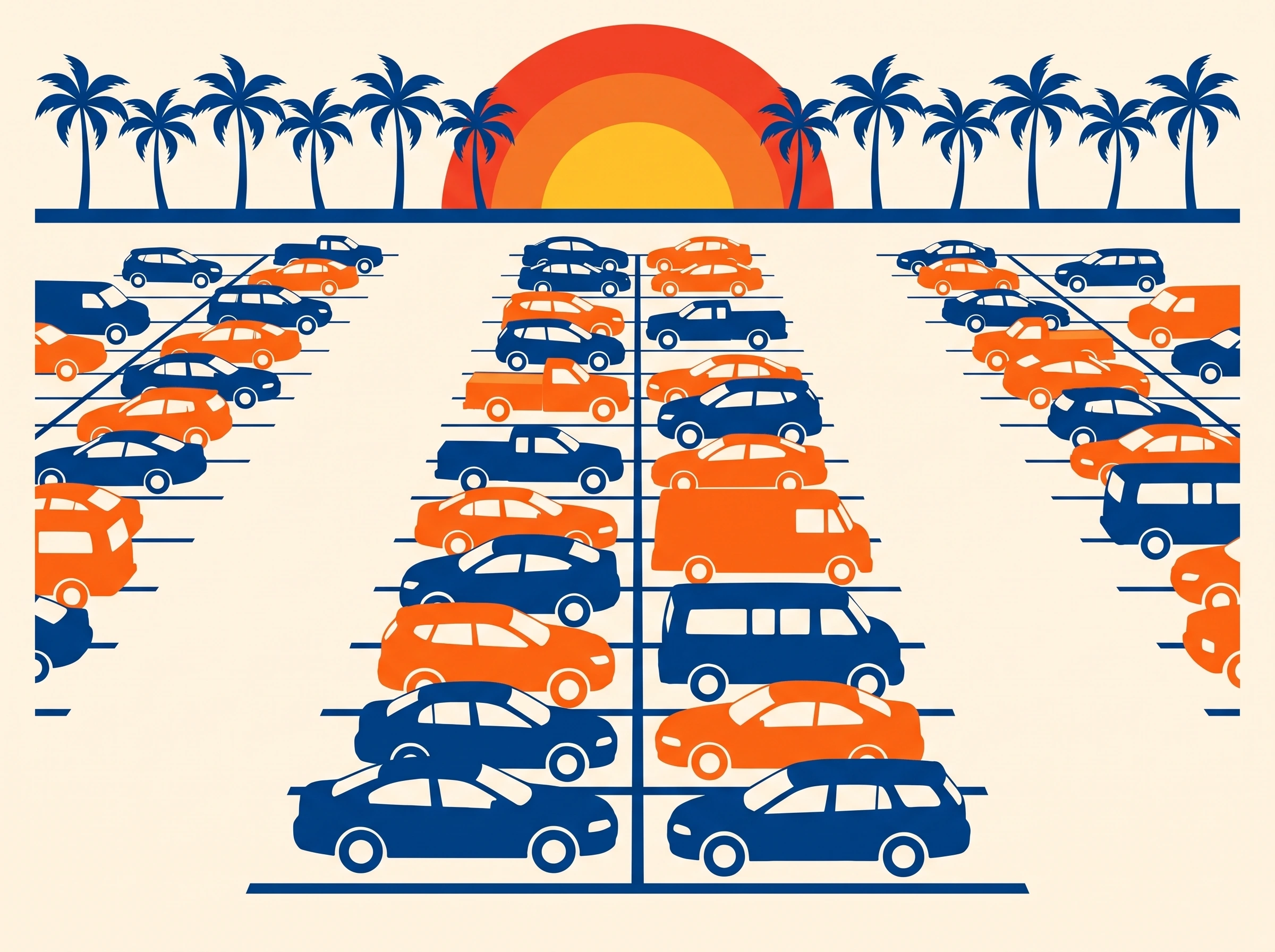 Rows of cars parked in a lot at sunset