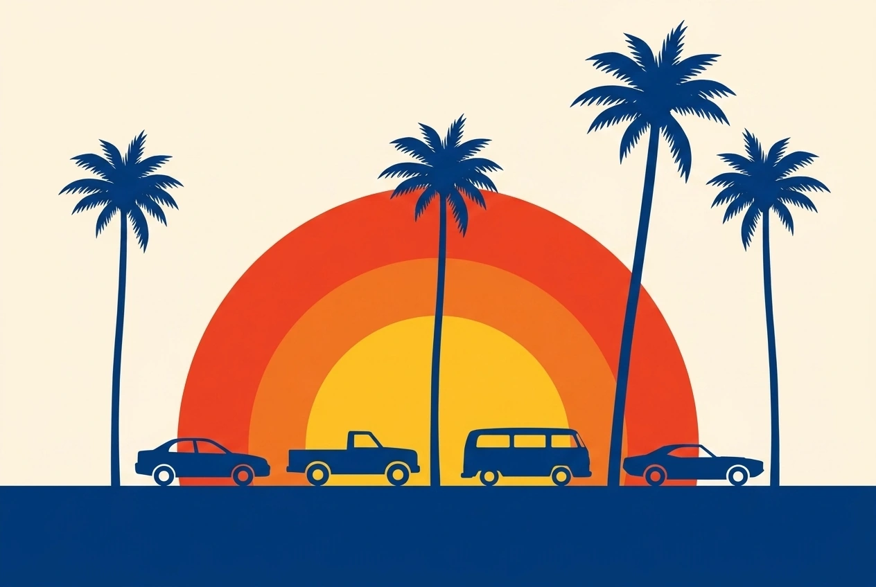 Sunset with palms and a row of cars